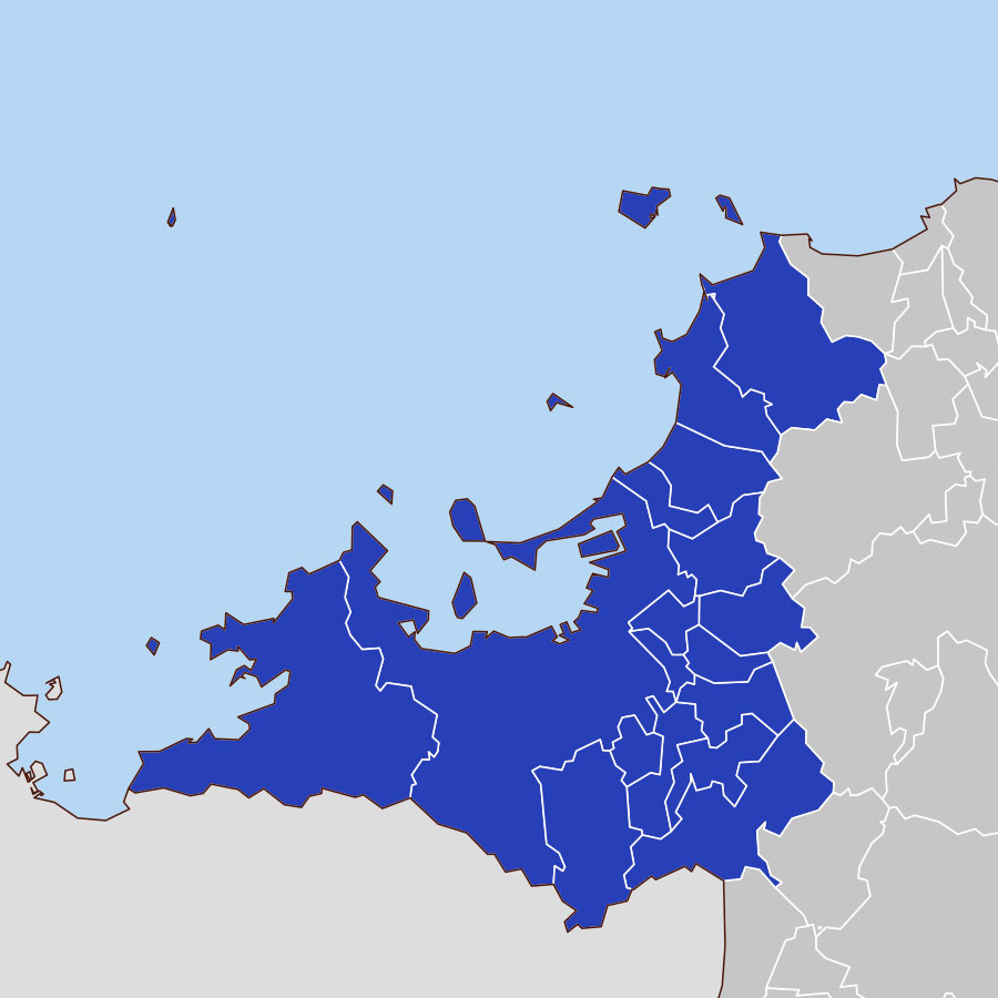 福岡市、筑紫野市、大野城市、春日市、宗像市、太宰府市、糸島市、福津市、古賀市、那珂川市、糟屋郡